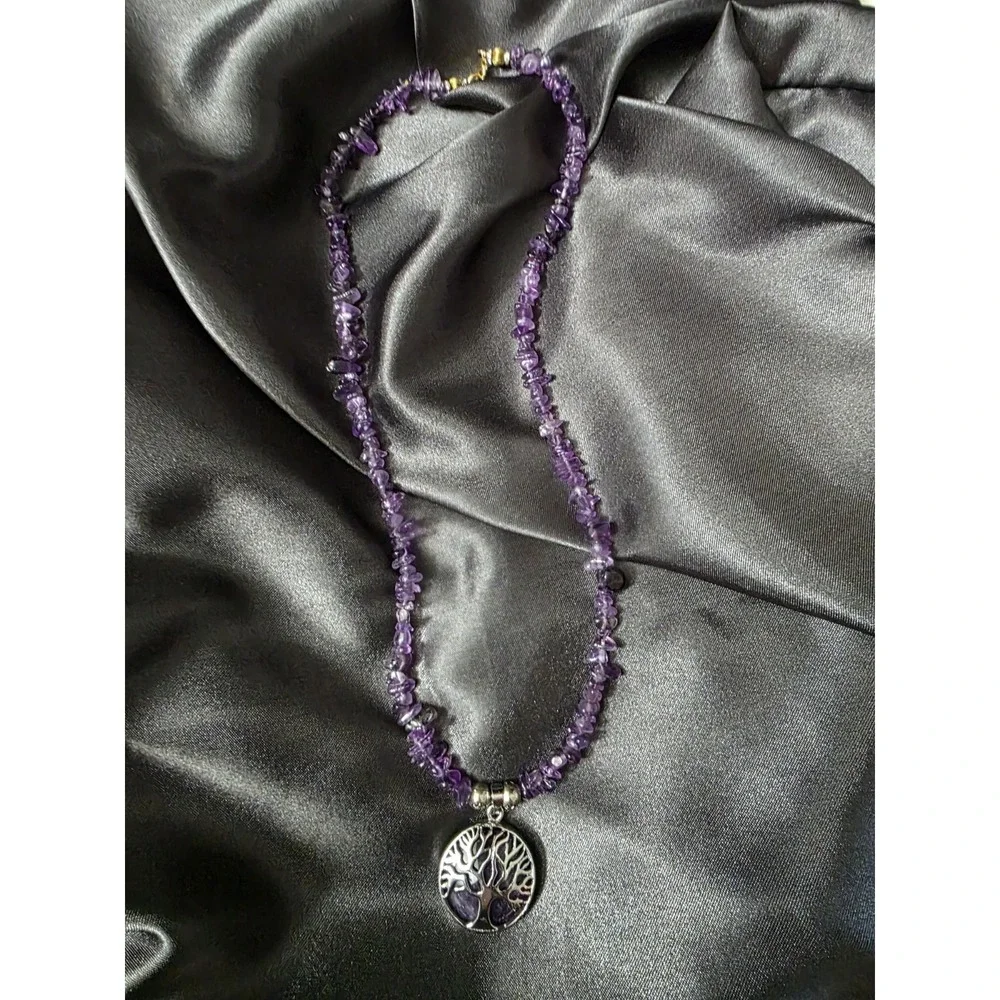 Amethyst Tree Of Life Silver Plated Pendant Healing Stone Necklace